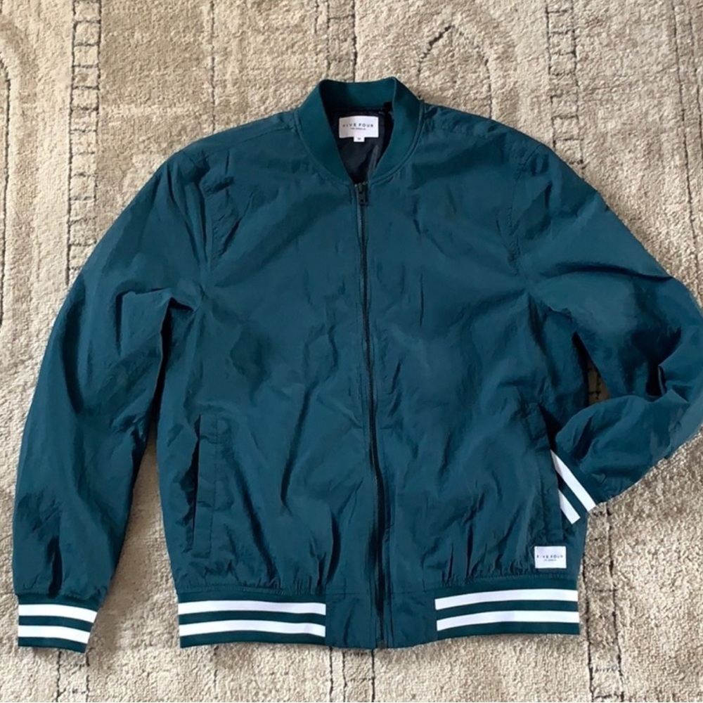 New with tags Five Four Teal Varsity Bomber Jacket with Striped Trim